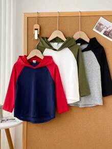 SHEIN Leap Crew 3入組男童休閒舒適編織拼色連帽T卹，帶貼布長袖，適用於旅行、學校和春夏秋季 - 彩色 - 查看 5