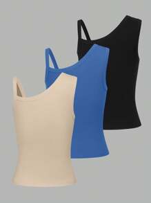 SHEIN LUNE 3pcs Women Solid Asymmetrical Neck Top For Summer, Basic Tops - Multicolor - View 2