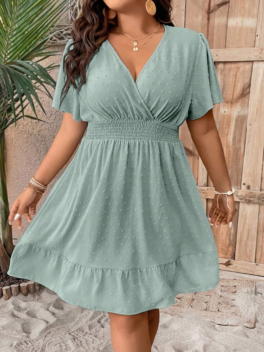 SHEIN Plus Swiss Dot Butterfly Sleeve Ruffle Hem Dress For Summer Vacation - Mint Green - View 1