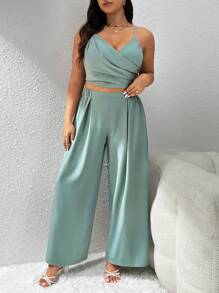 Firerie Plus Size Casual Elegant Dinner Teacher Outfit, Crop Wrap Cami Top And Wide Leg Long Pants Two-Piece Set