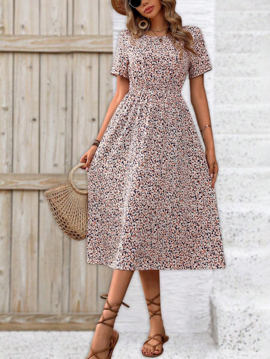 EMERY ROSE 简约几何碎花束腰连衣裙长款女装 - 咖啡 - 查看 1