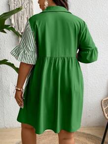 SHEIN Clasi Plus Striped Print Button Front Shirt Dress - Green - View 2