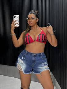 SHEIN ICON Plus Ripped Raw Hem Denim Shorts - Blue - View 6