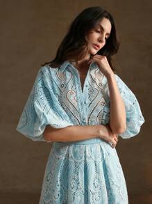 Anewsta 浪漫優雅的假日風格女士單排釦休閒襯衫 - 藍色 - 查看 6