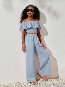 SHEIN Tween Girls' Casual Woven Solid Color Off-Shoulder Crop Top And Loose Pants Set, Spring/Summer Holiday Outfits - Baby Blue - View 1