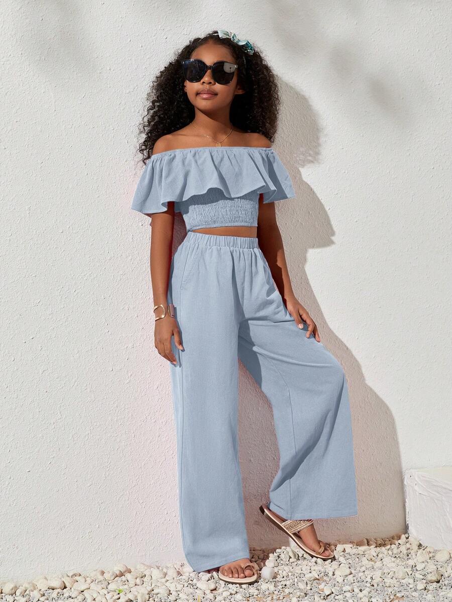 SHEIN Tween Girls' Casual Woven Solid Color Off-Shoulder Crop Top And Loose Pants Set, Spring/Summer Holiday Outfits - Baby Blue - View 1