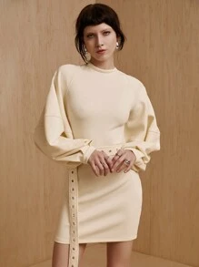 MONSE Mathilde Lhomme Designer Mini-jurk met gestructureerde mouwen en riem, elegante jurk, voor vakantie, feestoutfit, verjaardagsoutfits, lente, festival