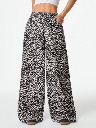 SHEIN EZwear Women's Y2K Streetwear Cool And Versatile Vintage Leopard Print Low Waist Wide Leg Pants