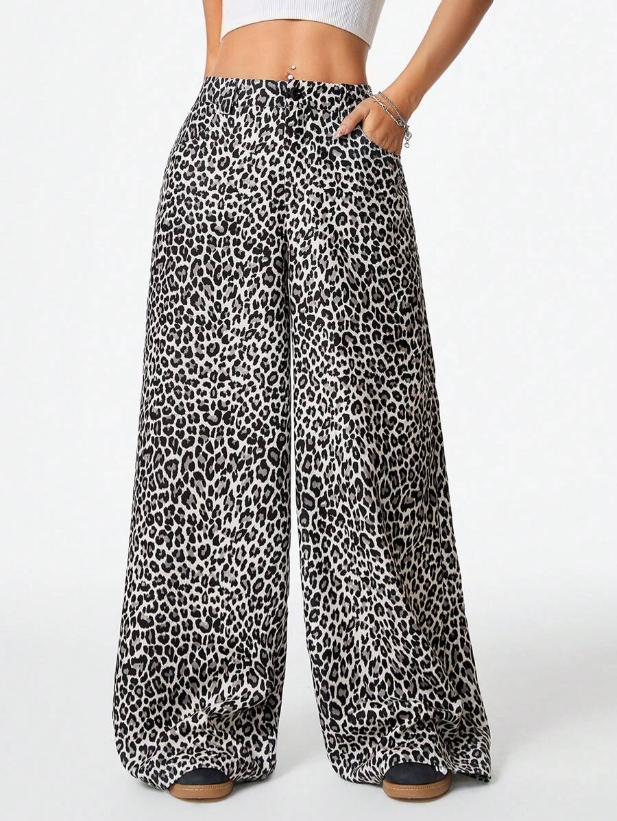 SHEIN EZwear Women's Y2K Streetwear Cool And Versatile Vintage Leopard Print Low Waist Wide Leg Pants - Khaki - View 1