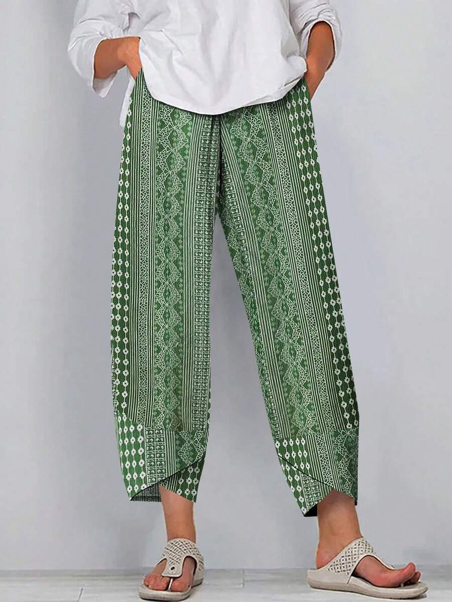 Kỳ nghỉ dành cho nữ Quần cạp co giãn in hoa dáng rộng - màu xanh lá - Xem 1