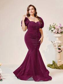 SHEIN Belle Váy dạ hội sang trọng cổ vuông xếp li bằng vải satin bóng dáng công chúa nàng tiên cá cỡ lớn, váy dự tiệc cưới trang trọng, dự tiệc tốt nghiệp, tiệc tối - Màu tím - Xem 6