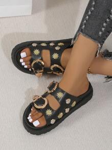 Nouvelles arrivées Sandales compensées femme noires à la mode et confortables, style décontracté, semelle épaisse, style punk, bout rond, ouvert, avec boucle - Noir - Voir 8