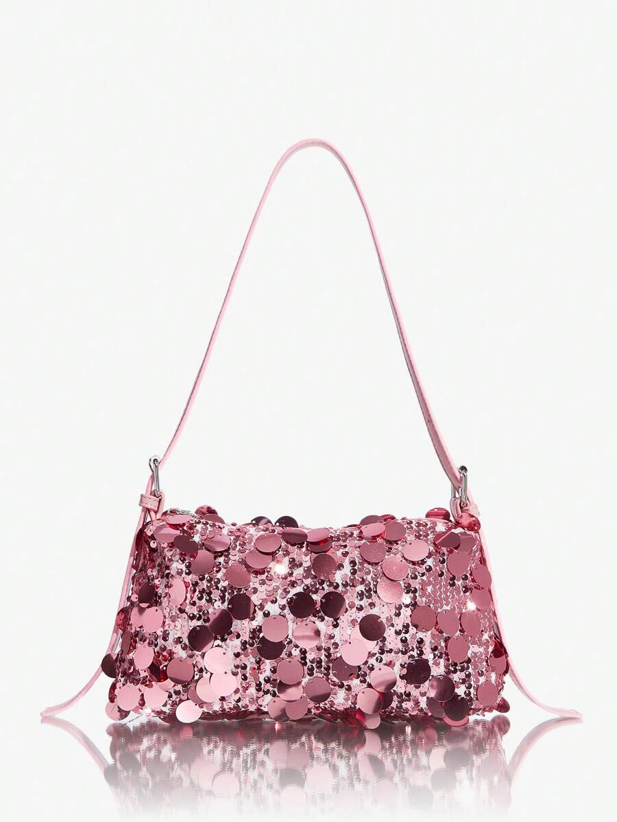SHEIN SXY Solid Color Sequin Women's Shoulder Bag Suitable For Daily Use, Dating And Gifting Valentines - Pink - View 1