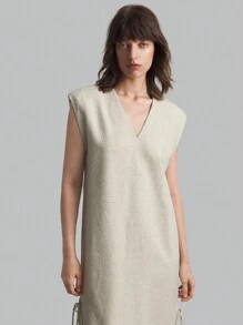 Ontre Women Deep V-Neck Loose Side Slit Tied Waist Midi Dress,Office Lady Working Dress,Fall Season - Khaki - View 6