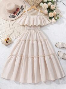 SHEIN Tween Girl Cold Shoulder Ruffle Hem Cami Dress - Apricot - View 2