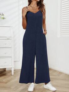 SHEIN LUNE Mono sin mangas de pierna ancha sólido - Azul Marino - Ver 4