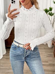 SHEIN Clasi Áo len tay bồng dệt kim kiểu Pointelle, thích hợp mặc hàng ngày, áo len chui đầu mùa thu đông. - trắng - Xem 3