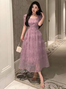 DAZY Ladies' Elegant Long Dress With Soft Wind Square Neck And Short Puff Sleeves Prom Dress - Mauve Purple - View 1