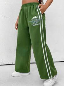 Flirla Plus Letter Graphic Contrast Tape Side Sweatpants - Green - View 6