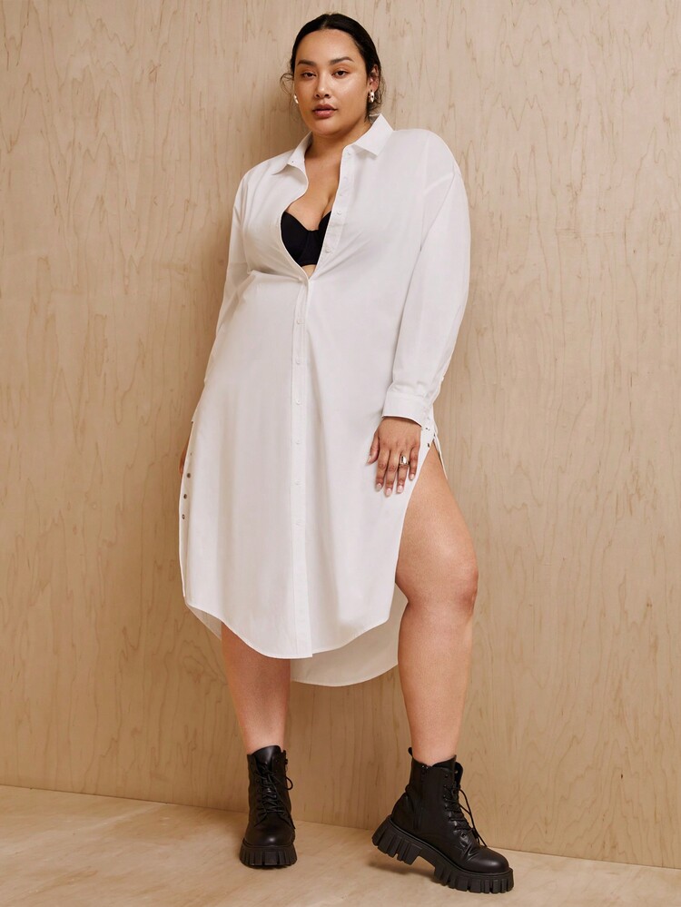 MONSE 设计师加大号侧系带纽扣衬衫裙，优雅连衣裙，适合节日、派对、度假装、生日装、春夏装、海滩装、节日装、伊比沙岛装、婚礼装、舞会礼服 - 白色 - 查看 6