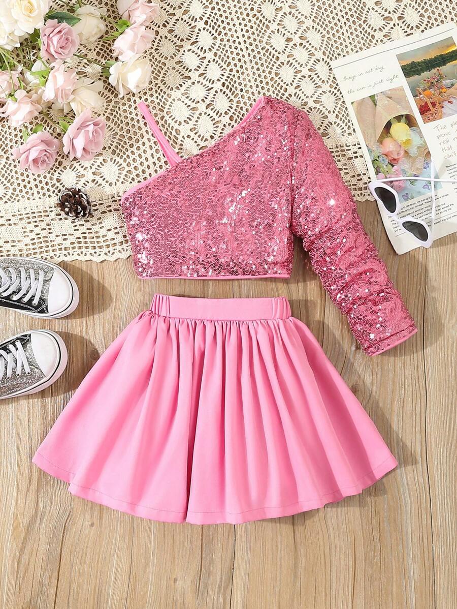 SHEIN Ropa elegante para fiesta de cumpleaños para niñas: top de lentejuelas rosa con hombro oblicuo y falda acampanada - Rosa - Ver 1