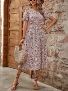 EMERY ROSE 简约几何碎花束腰连衣裙长款女装 - 咖啡 - 查看 2