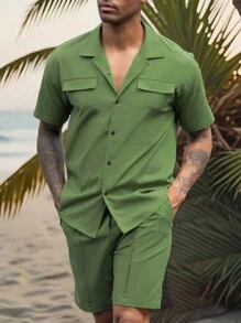 Manfinity RSRT 2pcs Men's Green Casual Turn-Down Collar Short Sleeve Shirt Set ,Linen-Cotton Blend Comfortable Breathable Green Short-Sleeve Shorts Shirt Set , Casual Shirts Set ,Linen Shirt Set - Green - View 1
