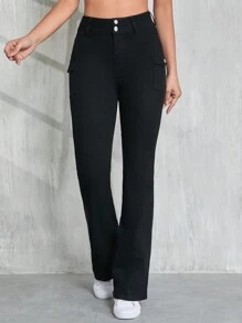 SHEIN Tall Jeans pour femmes, pantalon noir décontracté ajusté et évasé, pantalon de travail, pantalon pour enseignant, pantalon de jogging évasé, vêtements d'hiver, vêtements d'automne, vêtements de rentrée scolaire pour femmes, jeans Y2k, vêtements de rentrée scolaire - Noir - Voir 7