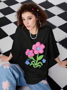 SHEINNeu Damska koszulka letnia o luźnym kroju, z okrągłym dekoltem, rękawami z opadającymi ramionami i dekoracją kwiatową 3D