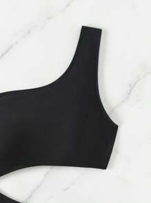 SHEIN Swim Women's Asymmetrical Neck Cut Out Black One-Piece Swimsuit - Black - View 5