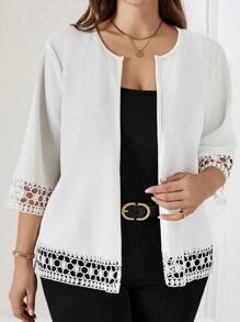 Miaspire Plus Size White Jacket With Water-Soluble Lace Patchwork,Fall Women Clothes Winter Autumn - White - View 4