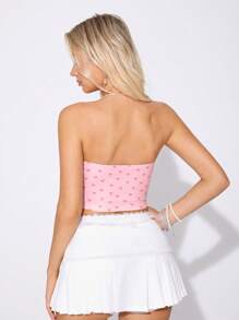SHEIN Sweetina Áo ống dây màu hồng có họa tiết nơ hình trái tim Slim-Fit dành cho nữ - Hồng - Xem 2