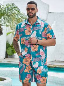 Manfinity RSRT Plus Men Tropical Print Shirt & Shorts - Green - View 1