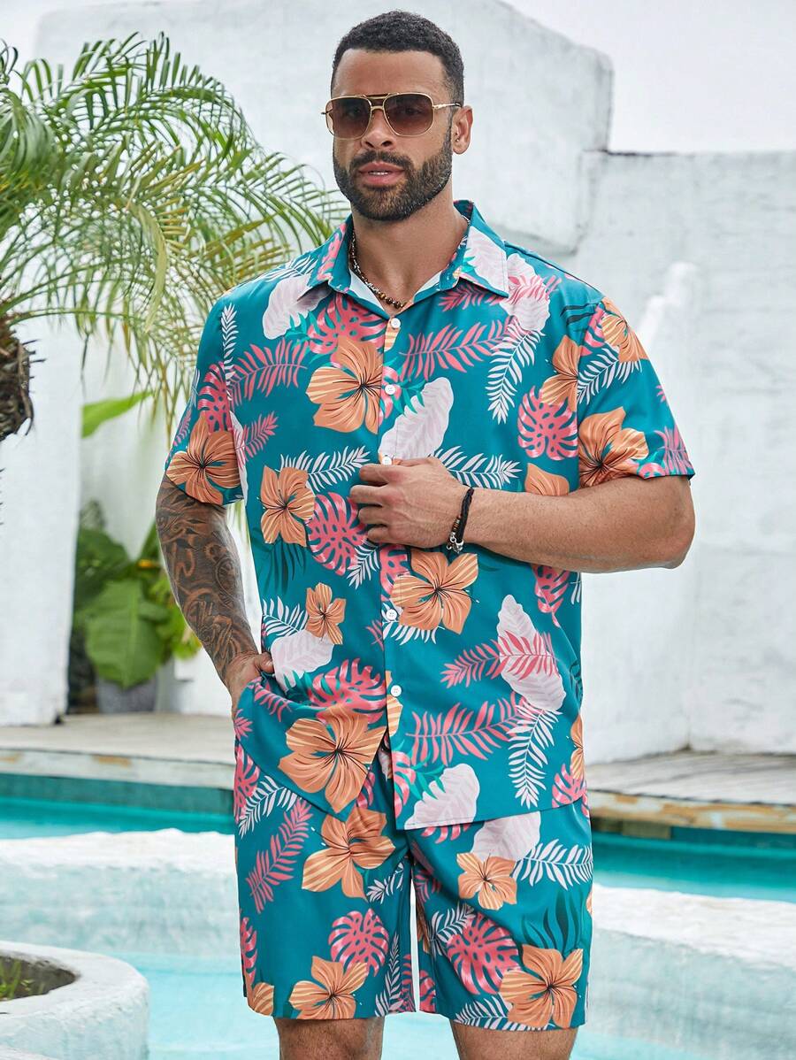Manfinity RSRT Plus Men Tropical Print Shirt & Shorts - Green - View 1