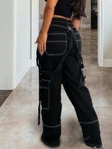 Pantalones casuales de mujer tipo utility con parches y cordón con ojetes