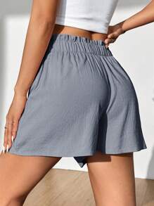 SHEIN MOOSTA Women Summer Solid Paperbag Waist Wide Leg Flowy Shorts - Grey - View 2