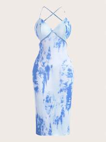 Slaydiva 女士休閒性感粉色細肩帶無背心抽象印花緊身裙-H號 - 藍色 - 查看 1