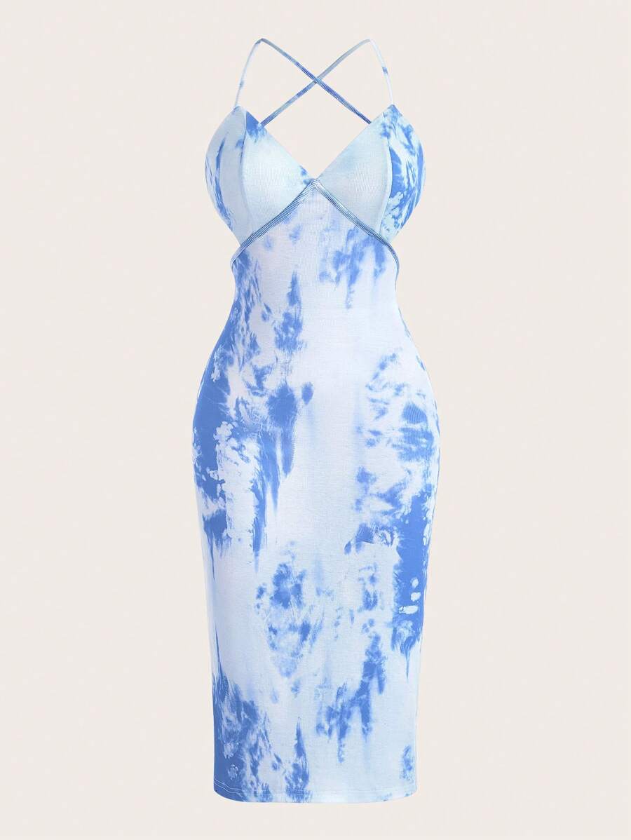 Slaydiva 女士休閒性感粉色細肩帶無背心抽象印花緊身裙-H號 - 藍色 - 查看 1