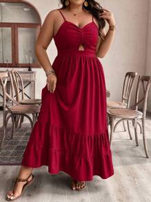 Breezaya Váy Maxi Co Giãn Xù Lông Mùa Hè Cỡ Lớn Có Dây Đeo Mỏng Cho Quần Áo Năm Mới Cho Phụ Nữ - Đỏ - Xem 3