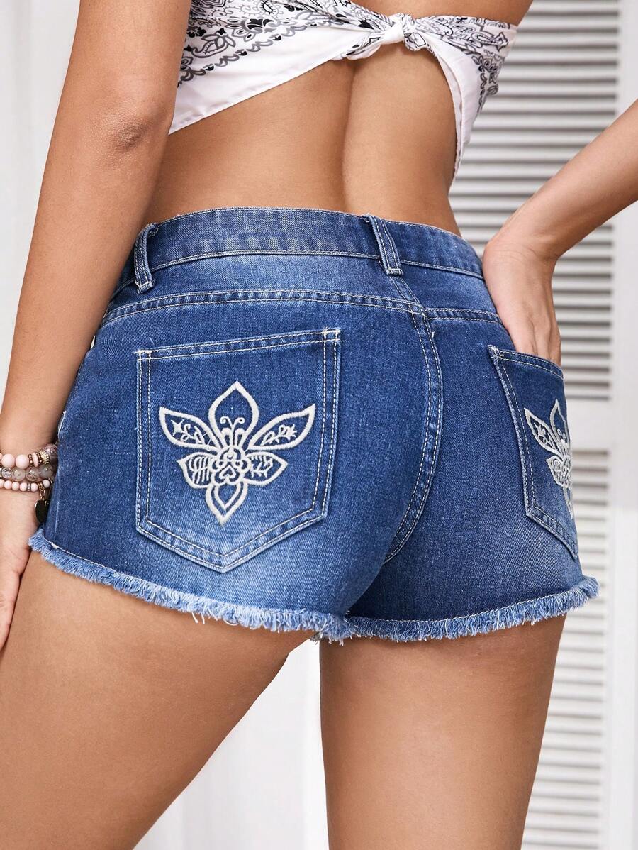 SHEIN VCAY Shorts vaqueros bordados de vacaciones sexy de cintura baja para mujer, azules