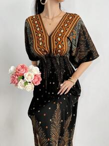 热带印花蝙蝠袖休闲朴素连衣裙 - 黑色 - 查看 5