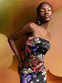 Alice McCall 设计师女士夏季花卉印花露背系带不对称下摆抹胸，节日，情人节 - 彩色 - 查看 1