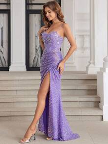 淡紫色闪亮蕾丝美人鱼正式晚礼服，高开叉，奢华亮片舞会礼服，女士正式舞会礼服，优雅婚礼宾客礼服，适合毕业典礼、晚宴