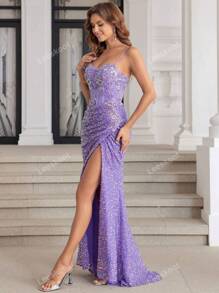 Lilac Sparkly Lace Mermaid Formal Evening Dress With High Slit Luxury Sequin Prom Party Gown Woman Formal Ball Gown Elegant Wedding Guest Dress, For Graduation, Dinner