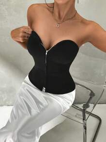 SHEIN Privé Vestido midi elegante y sencillo para mujer con cremallera frontal, cintura ceñida y falda con cola de pez en blanco y negro - perfecto para ir al trabajo, citas, bodas y la vuelta a clase - Multicolor - Ver 5