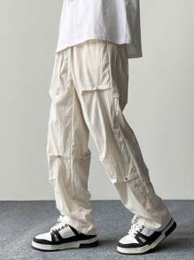 Claim Dot Pantalón para hombre de cintura ajustable con cordón y tela sólida - Beis - Ver 4
