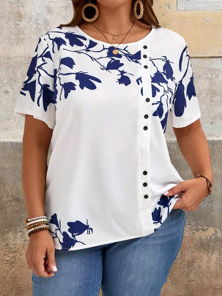 Plus Size Women's Summer Printed Shirt,Vacation/Spring
