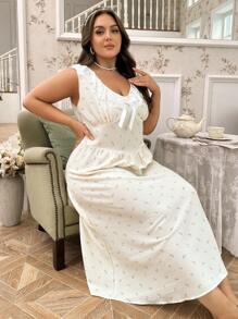 Plus Size Lace Neckline Colorblock & Printed Nightgown Long Dress, Elegant & Fashionable - Apricot - View 1