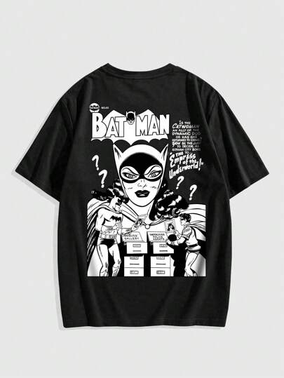 Batman X ROMWE Men's Cartoon Characters & Slogan Printed Short Sleeve T-Shirt, Summer, School