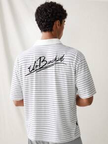 Manfinity VCAY Polo à manches courtes et ample pour hommes, à rayures tricotées décontractées, tenue vestimentaire quotidienne à la mode - Noir et Blanc - Voir 4